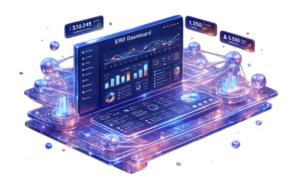 AI-integrated ERP and HRMS dashboard by Lakshana Technologies for global enterprise management.