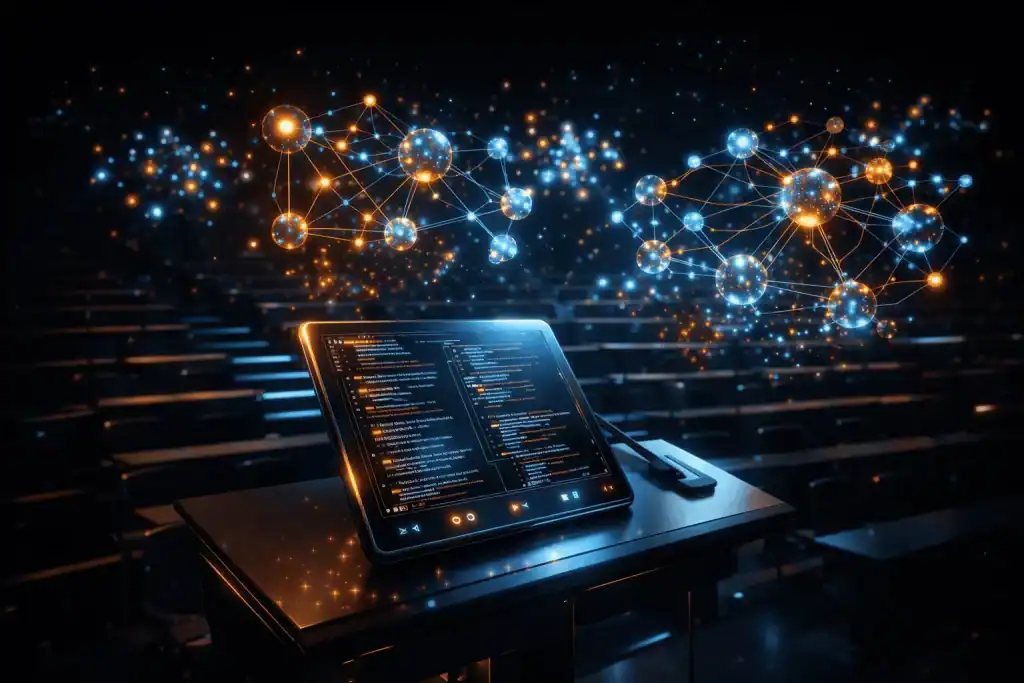 A cinematic 3D visualization of a futuristic lecture hall with floating holographic neural networks, representing Deep Technical AI training at Lakshana Technologies.
