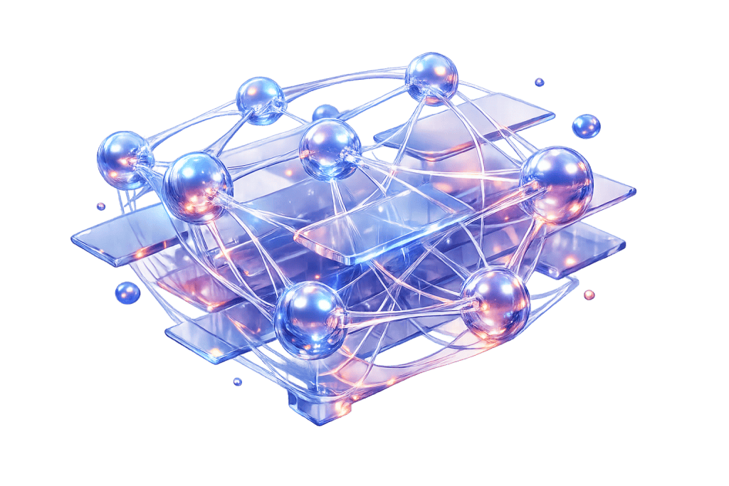 3D render of a neural network architecture representing deep technical AI training at Lakshana Technologies.