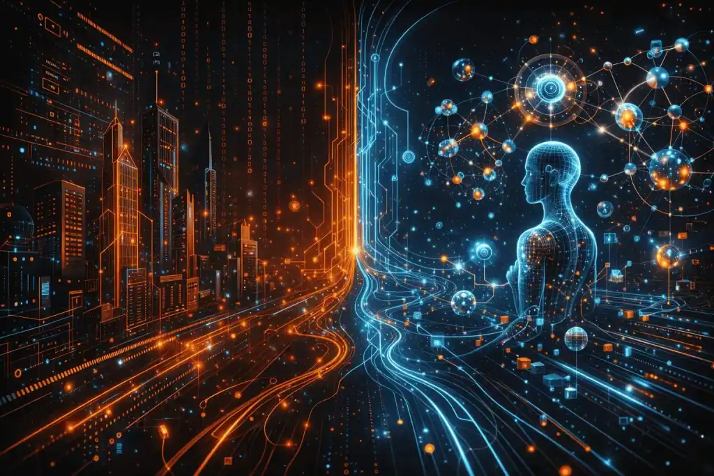 High-tech visualization of Lakshana Technologies’ journey from web architecture foundations to deep technical AI and autonomous intelligence in Chennai.